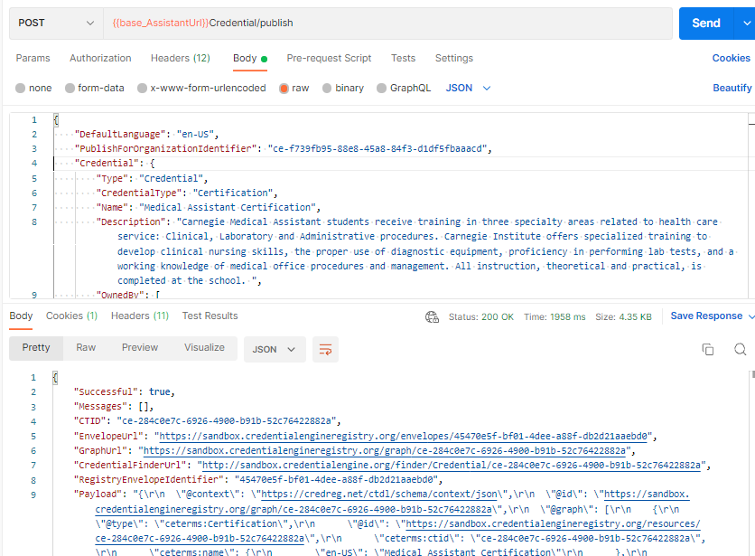 Sample publish of a credential using Postman.